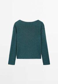 Tumma tealinvärinen neulottu villapaita, jossa pitkä hiha, leveä pääntie ja hieman lyhyt malli. Sileä pinta, jossa resorikuviot hihojen suissa.