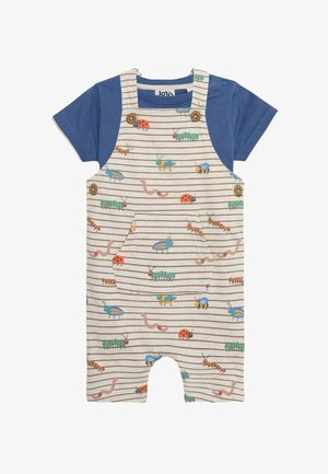 Stribet dungaree romper med en blå kortærmet skjorte; har farverige insektmønstre og træknapdetaljer på skulderen.