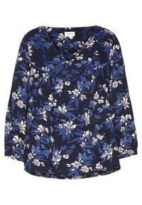 Květinová blůza v námořnické modři s modrými a bílými květinovými vzory, dlouhými rukávy, volným střihem, kulatým výstřihem a ozdobným modrým šitím.