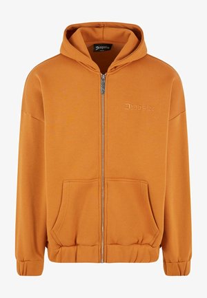 Oranger Reißverschluss-Hoodie aus weichem Stoff mit einer Kängurutasche, gerippten Bündchen und einem gestickten Logo "Dropsize" auf der Brust.