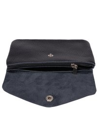 Black pebbled leather wallet with a zipped opening and dark suede interior. Features a snap closure and smooth silver hardware accents.