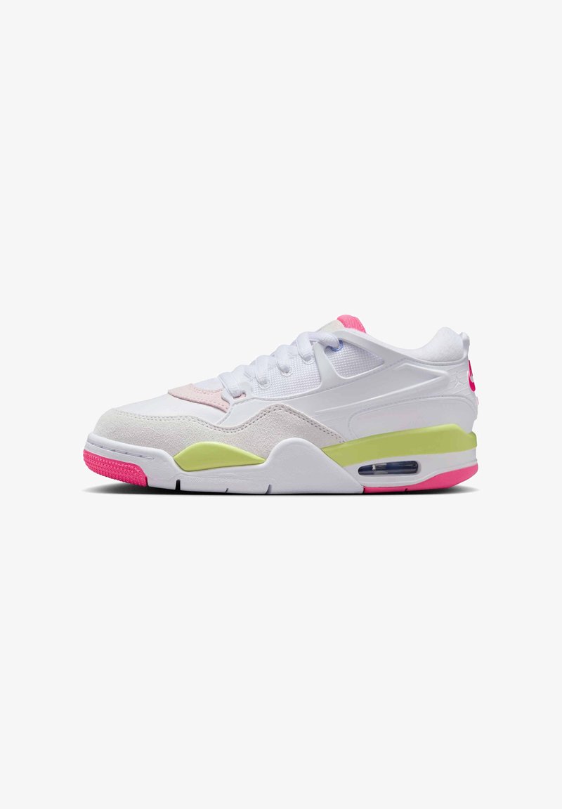 White sneaker with suede and mesh panels. Features pink accents, a green sole, and a visible air unit. Classic low-top design.