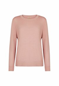 Ljusrosa tröja med långa ärmar, rund hals, ribbade ärmslut och fåll. Tillverkad av ett mjukt, slätt tyg med en ren design.