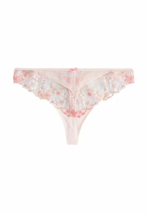 Przezroczyste beżowe stringi z koronki z kwiatową haftem w białym i różowym kolorze, z małą różową kokardką na środku pasa.