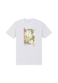 Biały bawełniany T-shirt z nadrukiem bambusa w czerni i żółci, z czerwonym japońskim napisem na przodzie, okrągłym dekoltem i krótkimi rękawami.