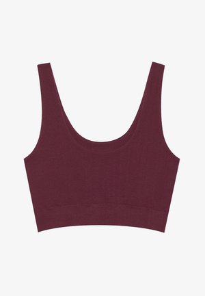 Burgundska skrajšana modrčka s širokim izrezom in debelimi naramnicami, izdelana iz mehkega in raztegljivega blaga z gladko teksturo in šivanim robom.