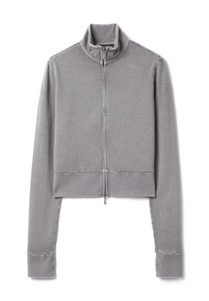 Graue langärmelige, kurz geschnittene Jacke mit hohem Kragen und Reißverschluss vorne, flach auf weißem Hintergrund dargestellt.