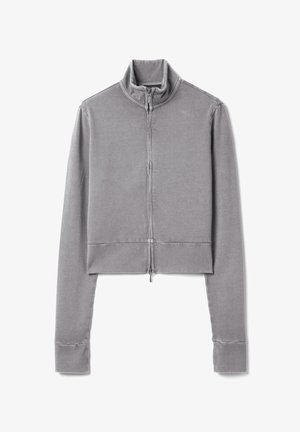 Graue langärmelige, kurz geschnittene Jacke mit hohem Kragen und Reißverschluss vorne, flach auf weißem Hintergrund dargestellt.
