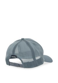 Grå mesh-cap med en solid frontpanel og buet skygge. Har et "SEASIDE" mærke og en justerbar plastikrem bagpå.