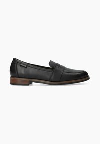 Mocassins en cuir noir avec une finition lisse, comportant un détail de bande à l'avant et un petit talon en bois pour plus de stabilité.