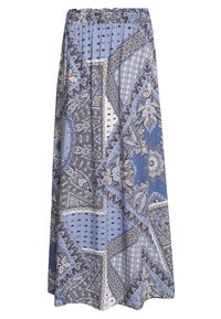 Jupe longue et fluide avec une base bleue ornée de motifs paisley blancs et marron foncé, une taille élastique et une texture de tissu douce.