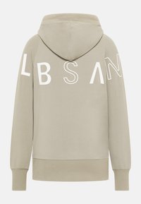 Felpa beige con cappuccio e coulisse. Presenta sulla schiena lettere bianche stampate "LB S A N". Polsini e orlo a costine, tessuto morbido.