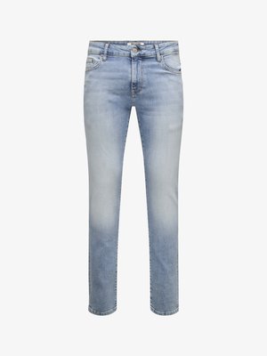 Jeans slim fit azzurri chiari con leggera scoloritura e design classico a cinque tasche, chiusura con bottone e zip.