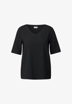 Zwarte top van gestructureerde stof met een V-hals, korte mouwen en een relaxte pasvorm. Label leest "CECIL."