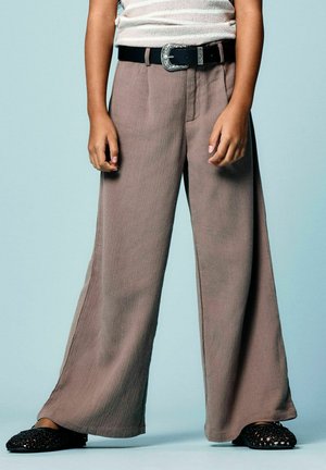 Persoană purtând pantaloni taupe cu picioare largi, curea neagră cu cataramă argintie și pantofi slip-on negri țesute, pe un fundal albastru deschis.