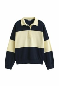 Pullover rugby-stijl sweater gemaakt van katoenmix. Kenmerken zijn marineblauwe en crème horizontale strepen, een platte kraag en een gedeeltelijke knoopsluiting.