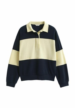 Maglione di stile rugby realizzato in un tessuto misto cotone. Presenta righe orizzontali blu navy e crema, un colletto piatto e una patta con bottoni parziale.