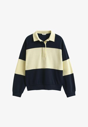 Pullover rugby-stijl sweater gemaakt van katoenmix. Kenmerken zijn marineblauwe en crème horizontale strepen, een platte kraag en een gedeeltelijke knoopsluiting.