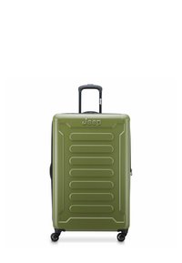 Valigia rigida verde con texture a righe, logo del marchio, manico retrattile e quattro ruote nere per la mobilità.