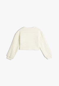 Witte cropped trui met textuurstrepen en elastische manchetten. Zacht materiaal met een ronde hals en een relaxte pasvorm, ontworpen voor comfort.