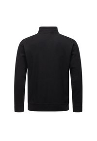Maglione pullover nero in tessuto texture, collo alto e maniche lunghe. Caratterizzato da un colore solido senza motivi visibili o accessori.