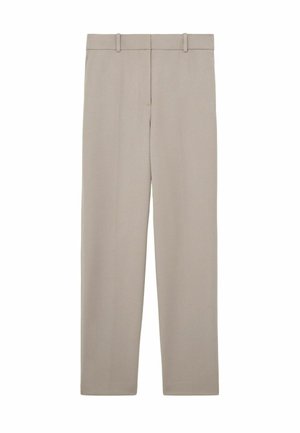 Beige gerade geschnittene Hose mit Gürtelschlaufen und einem sauberen, minimalistischen Design, flach auf weißem Hintergrund präsentiert.