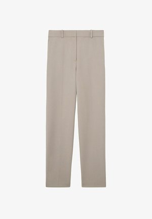 Pantaloni bej cu croială dreaptă, cu bucle pentru curea și design curat, minimalist, prezentați așezați pe o suprafață albă.