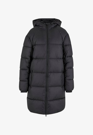 Zwarte gewatteerde jas met een capuchon, voorzien van een rits aan de voorkant, ribgebreide manchetten en een knielange snit. Gemaakt van gladde, geïsoleerde stof.