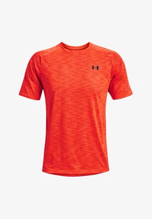 Red short-sleeve athletic t-shirt made of textured fabric with a subtle pattern and a black logo on the left chest.
