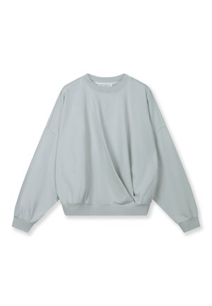 Felpa grigio chiaro in materiale morbido con scollo rotondo, spalle scese e una texture arricciata all'orlo.