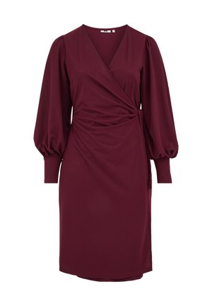 Sügav burgundia toonis mähkekkleit, pikkade puhvis varrukatega, kitsaste mansettide ja külje pealt kogutud detailiga, põlvpikkusega ja V-kaelusega.