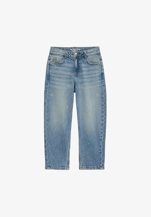 Jean en denim bleu clair à coupe décontractée. Comprend des coutures décoratives et de petits accents métalliques. Design classique à cinq poches.