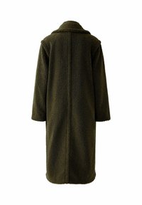 Olivgrün, strukturierter Fleece-Mantel mit einem Schalkragen, in mittellanger Ausführung und lockerer Passform. Verfügt über eine einzelne Naht auf dem Rücken und weite Ärmel.