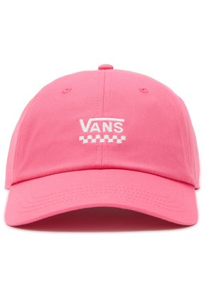 Casquette de baseball en coton rose avec une visière incurvée et un logo "VANS" brodé en blanc au-dessus d'une ligne à damier. Comprend des trous d'aération en œillet.