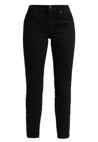 Jeans ajustados negros de mezclilla, con bolsillos frontales, cremallera con cierre de botón y una textura suave en todo su diseño.