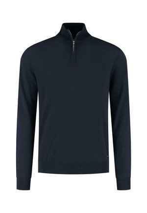 Pullover navy con zip al collo in morbido tessuto a maglia, maniche lunghe, polsini e orlo a costine, caratterizzato da una corta zip al colletto per un tocco moderno.
