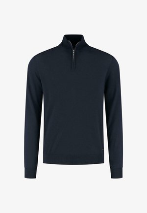 Tengerészkék, cipzáras nyakú pulóver puha kötött anyagból, hosszú uj juggling t, bordás mandzsettákkal és hemekkel, rövid cipzárral a gallérnál a modern megjelenés érdekében.