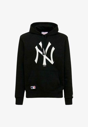 Felpa con cappuccio nera in misto cotone con un grande logo bianco NY sul davanti, tasca a marsupio e polsini a coste. Distintivo MLB sull'orlo.