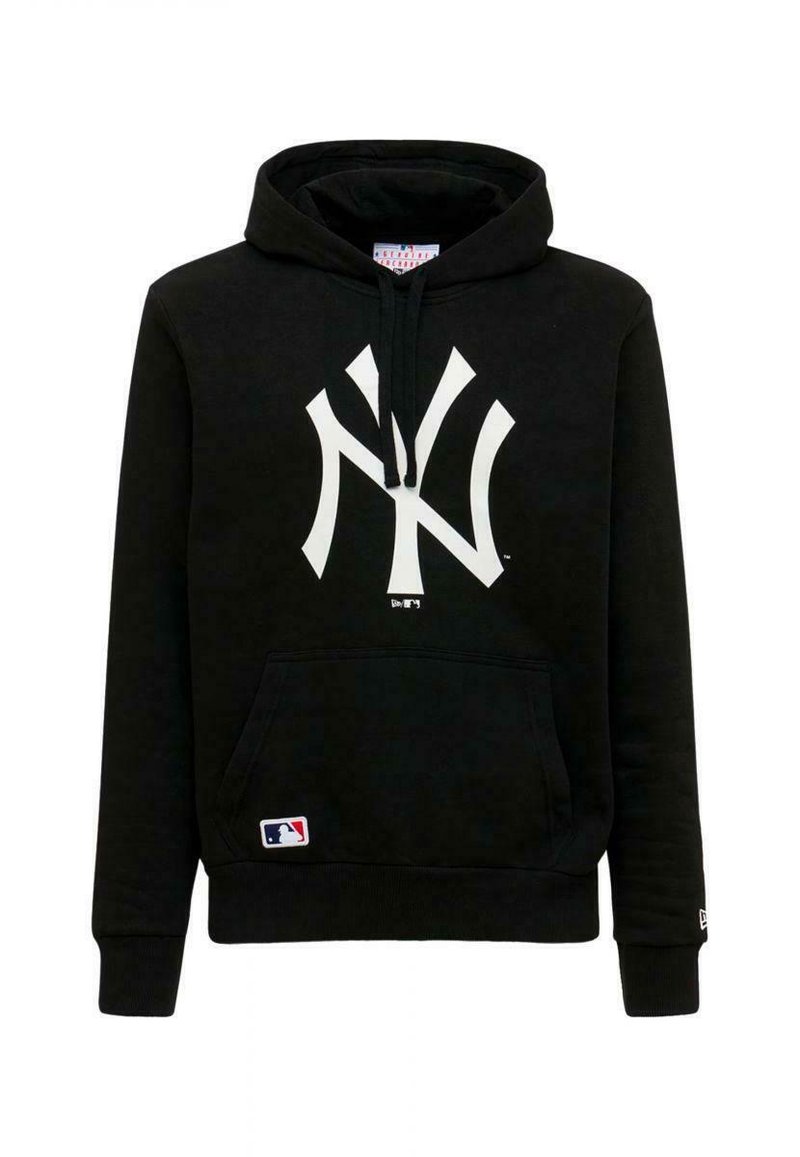 Čierna mikina s kapucňou vyrobená z bavlnenej zmesi, s veľkým bielym logom NY na prednej strane, klokaním vreckom a rebrovanými manžetami. MLB odznak na leme.