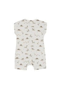 Combinaison à manches courtes en beige clair avec un imprimé détaillé d'oiseaux et d'herbe. Fabriquée en coton doux avec des boutons-pression en bas.