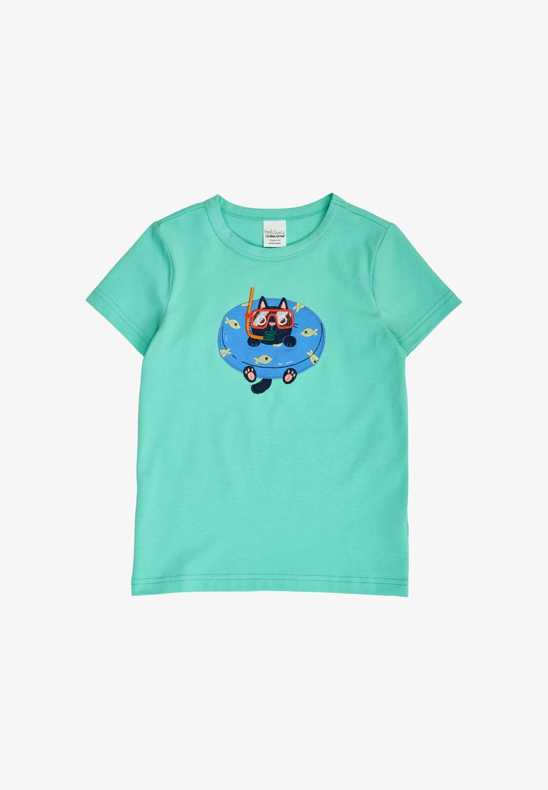 T-shirt turquoise pour enfants avec un chat noir brodé portant un équipement de snorkeling à l'intérieur d'un anneau flottant bleu entouré de petits poissons jaunes.