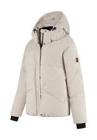 Beige gewatteerde winterjas met een capuchon, rits aan de voorkant en drukknoopsluiting, schuine klepzakken en zwarte binnenmanchetten.