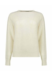 Maglione crema chiaro realizzato in tessuto morbido e strutturato. Presenta un collo rotondo, maniche lunghe e una vestibilità comoda con polsini e orlo a coste.