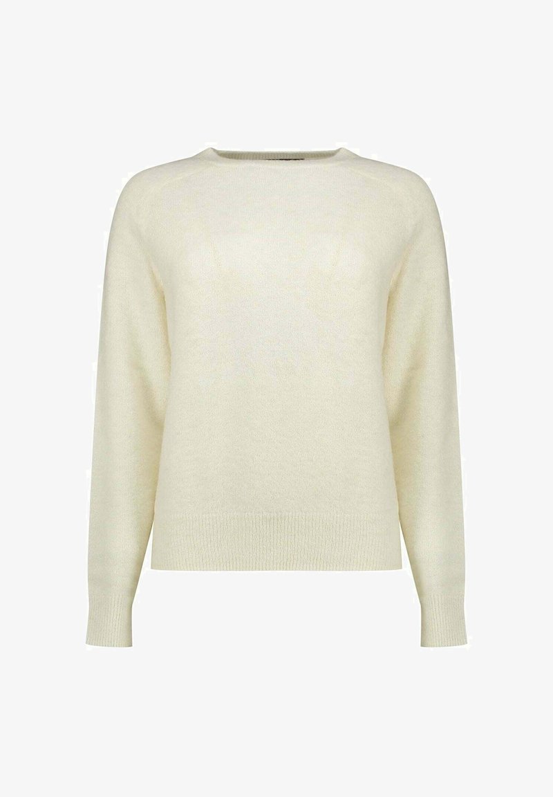 Maglione crema chiaro realizzato in tessuto morbido e strutturato. Presenta un collo rotondo, maniche lunghe e una vestibilità comoda con polsini e orlo a coste.