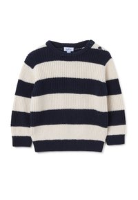 Suéter de punto con rayas horizontales en azul marino y crema. Cuello redondo con detalle de botones en el hombro y puños y dobladillo acanalados.