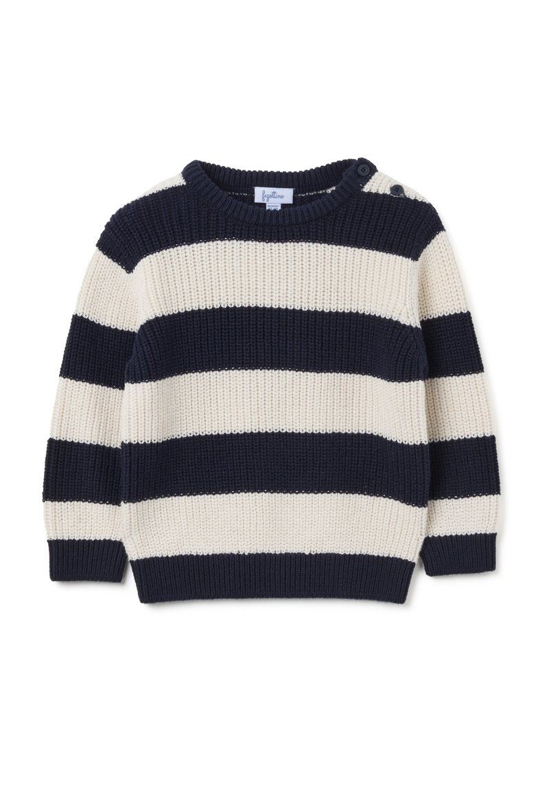 Suéter de punto con rayas horizontales en azul marino y crema. Cuello redondo con detalle de botones en el hombro y puños y dobladillo acanalados.