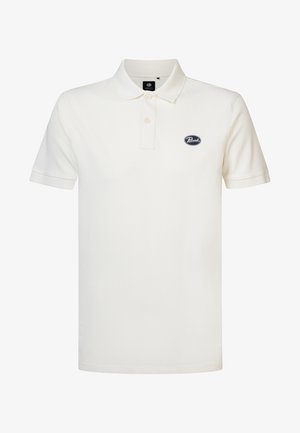 Witte polo shirt van katoen met kraag, knoopsluiting met twee knopen, korte mouwen en een marineblauw logo-embleem op de linkerborst.