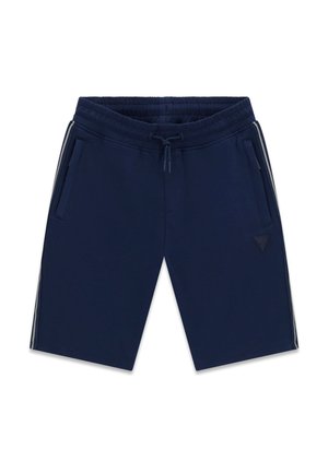 Pantaloncini blu navy fino al ginocchio con cintura elastica, coulisse, tasche laterali e dettagli a strisce sottili lungo i lati.