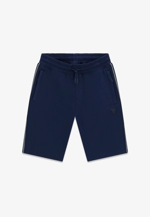 Pantalones cortos de longitud hasta la rodilla en azul marino con cintura elástica, cordón, bolsillos laterales y un sutil detalle de rayas a los lados.