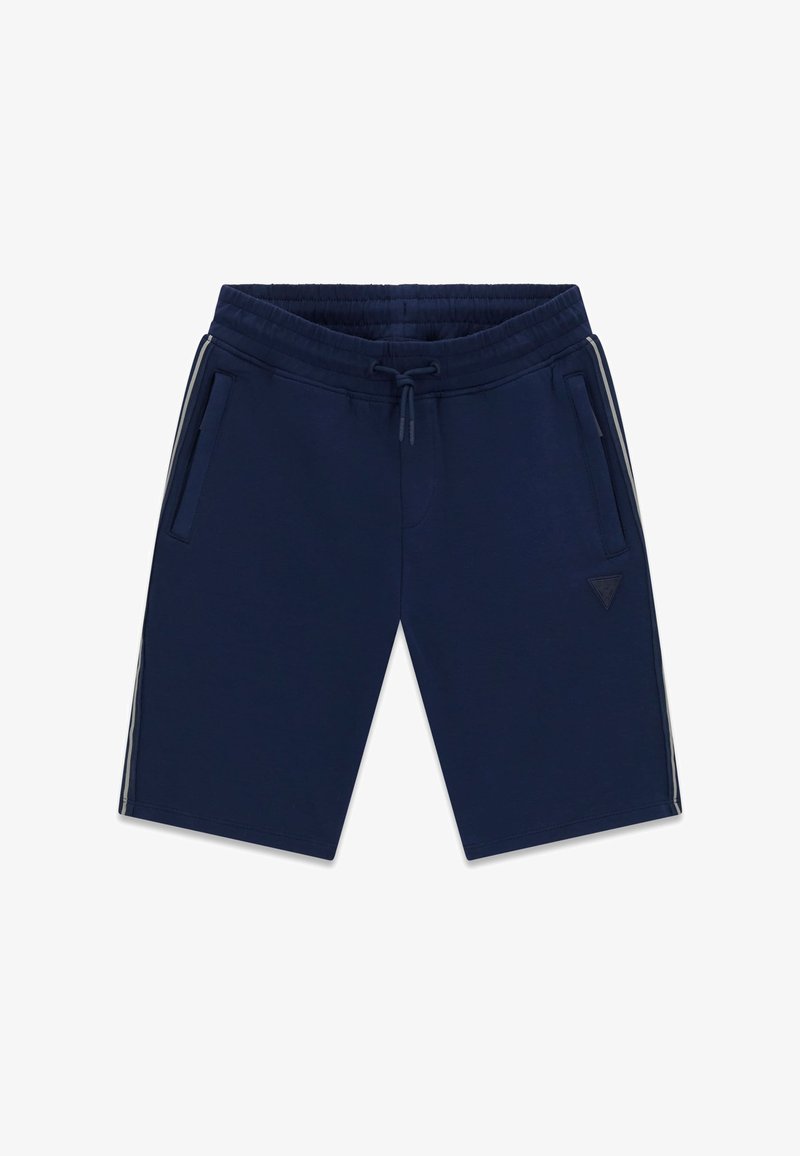 Shorts bleu marine mi-cuisses avec taille élastique, cordon de serrage, poches latérales et détails discrets à rayures sur les côtés.